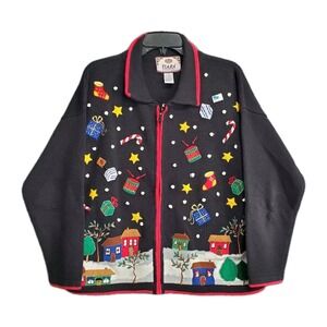 Vtg Tiara International Sweater Size Large Christmas Black Embroidered Full Zip